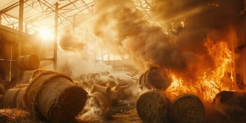 Sticker - Fire Ravaged the aftermath of a catastrophic blaze ignited by spontaneous combustion of Linseedflax bales in a rural storage structure