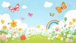 © CLOVER BACKGROUND - Magical Meadow: A vibrant and whimsical illustration of a spring meadow, filled with blooming flowers, fluttering butterflies, and a rainbow arching across the blue sky.