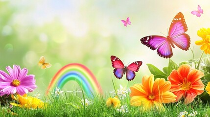 Wall Mural - Butterflies and Rainbow: A vibrant tapestry of nature's beauty, showcasing a rainbow arching over a field of blooming flowers, with colorful butterflies fluttering amidst the lush greenery. A whimsica