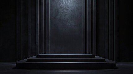 Wall Mural - Dark podium with a matching dark background, creating a dramatic and elegant display, copy space