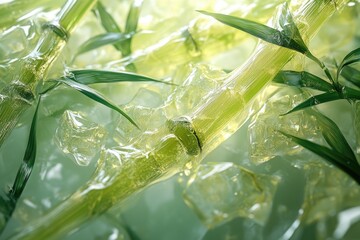 Wall Mural - Close-up of Green Bamboo Shoots and Ice Cubes