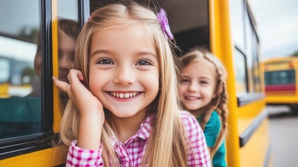 Canvas Print - Two little girls smiling on the side of a school bus, AI