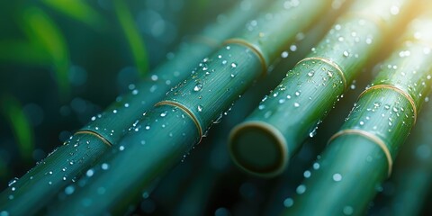 Wall Mural - Close-up of Dew-Covered Bamboo Shoots in Sunlight