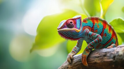 Wall Mural - A colorful chameleon sitting on a branch with green leaves, AI