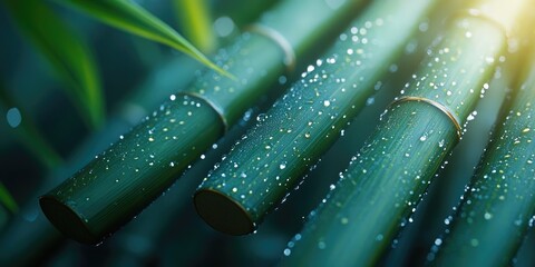 Wall Mural - Dew-Covered Bamboo Stalks in Sunlight