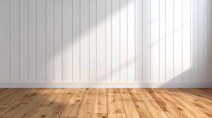 Wall Mural - White Wall and Wood Floor Mockup for Product Display