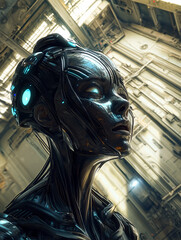 Futuristic Female AI Close-Up with Metallic Features