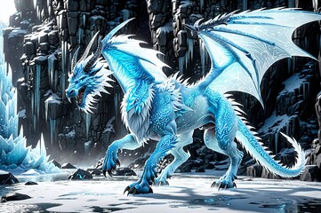 A blue dragon with red eyes stands on a snowy mountain