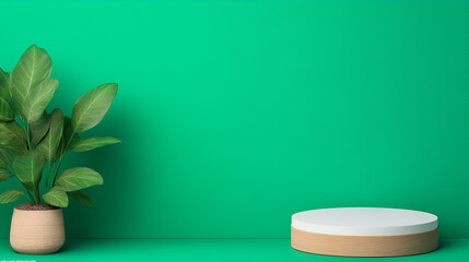 Wall Mural - Minimalist Green Background with Wooden Podium for Product Display