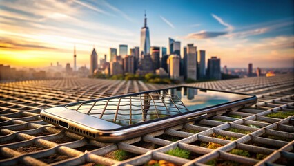 Smartphone lies on rusted metal grating, with cityscape in blurred background, creating a sense of miniature urban landscape through creative optical illusion.