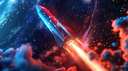 Wall Mural - Colorful rocket launching with neon light and smoke