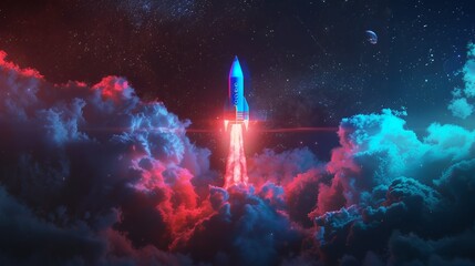Wall Mural - Colorful rocket launching with neon light and smoke
