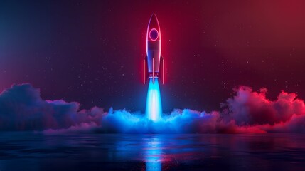Wall Mural - Colorful rocket launching with neon light and smoke