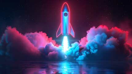 Wall Mural - Colorful rocket launching with neon light and smoke