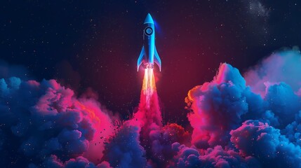Wall Mural - Colorful rocket launching with neon light and smoke