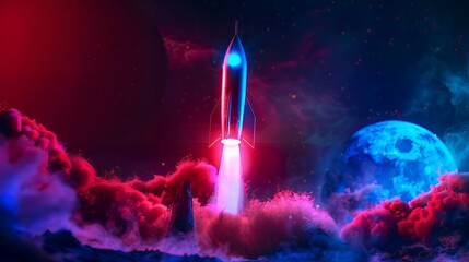 Wall Mural - Colorful rocket launching with neon light and smoke