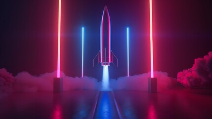 Wall Mural - Colorful rocket launching with neon light and smoke