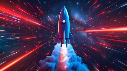 Wall Mural - Colorful rocket launching with neon light and smoke
