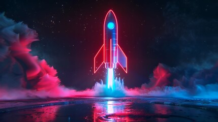 Wall Mural - Colorful rocket launching with neon light and smoke