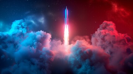 Wall Mural - Colorful rocket launching with neon light and smoke