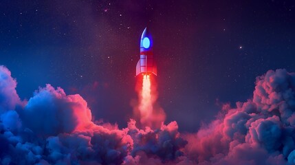 Wall Mural - Colorful rocket launching with neon light and smoke