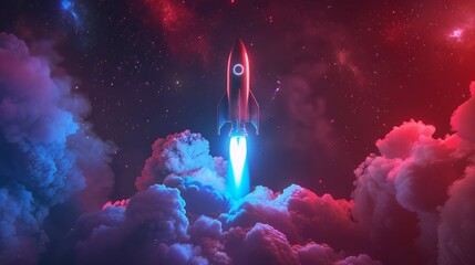 Wall Mural - Colorful rocket launching with neon light and smoke