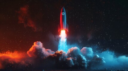 Wall Mural - Colorful rocket launching with neon light and smoke