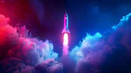 Wall Mural - Colorful rocket launching with neon light and smoke