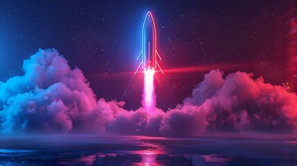 Wall Mural - Colorful rocket launching with neon light and smoke