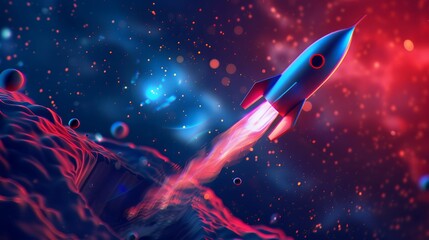 Wall Mural - Colorful rocket launching with neon light and smoke