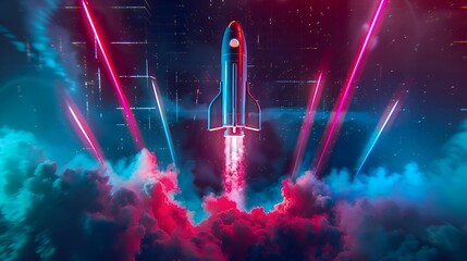 Wall Mural - Colorful rocket launching with neon light and smoke