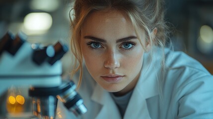 Wall Mural - Young Female Scientist with Microscope