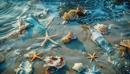 Wall Mural - A pile of trash is on the beach, with the ocean in the background