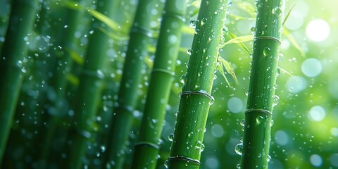 Poster - Dew-Covered Bamboo Stalks in a Lush Green Forest