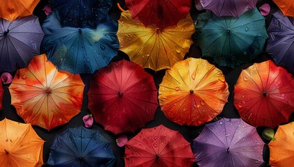 Wall Mural - A seamless pattern of colorful umbrellas, arranged in an artistic and balanced manner