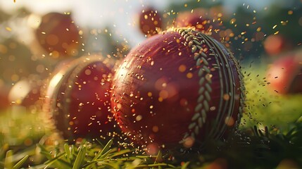 Wall Mural - red color cricket ball on the grass