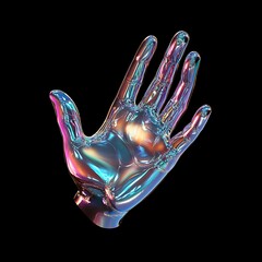 Wall Mural - A holographic hand with iridescent, shimmering colors raised in a wave, against a black background.