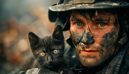 Wall Mural - A man is holding a cat in his arms