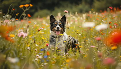 Wall Mural - A dog is standing in a field of flowers, looking up at the camera