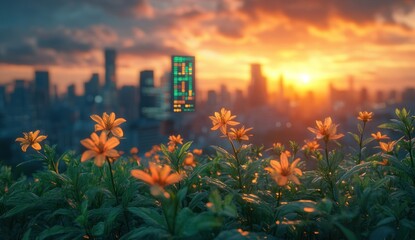 Sunset Over Cityscape with Flowers