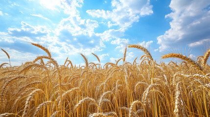 Scenic view of a ripe rye field under a bright blue summer sky. -