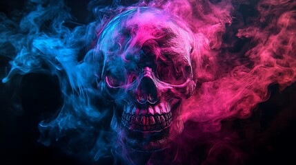 A human skull is surrounded by a swirling blue and pink smoke against a black background.