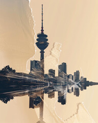 Wall Mural - Düsseldorf Skyline Poster: City Silhouette on Beige - A city skyline with a tall tower