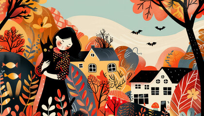 Wall Mural - A woman is holding a cat in a forest with houses in the background