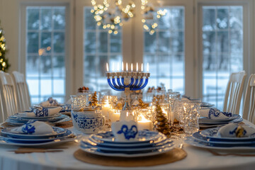 Blue and silver menorah with lit candles is the focus of a festively set dining table