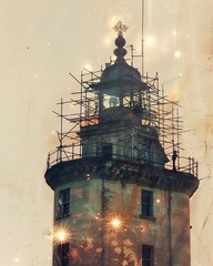 Wall Mural - Walney Island Skyline Double Exposure Composite Art - A tower with scaffolding around it