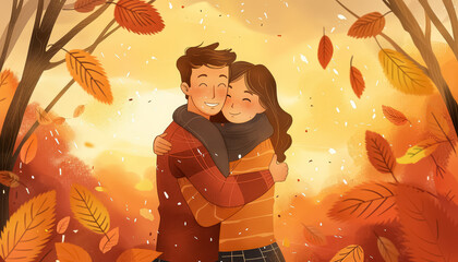 Wall Mural - A couple embracing in a forest with leaves falling around them