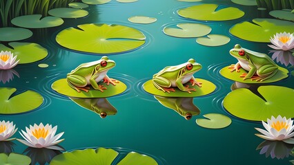 Three frogs sitting on a lotus leafs in the pond. Illustration