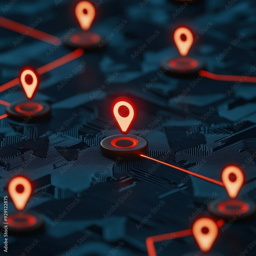 A modern map design showcasing vibrant red location pins connected by ...