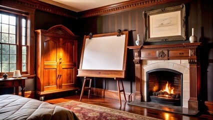 Poster - Interior of a Room with a Fireplace, a Wooden Easel and a Cabinet